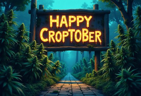 Whimsical anime artwork  highly detailed, dark!, undead. highly detailed, horror fantasy art, nightmarish illustration . anime style, key visual, vibrant, studio anime, highly detailed Cannabis plants surrounding a large " Happy Croptober" sign