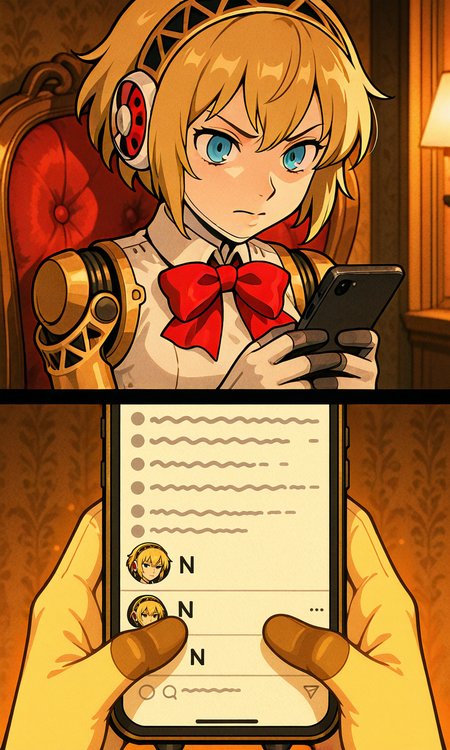 masterpiece, best quality, amazing quality, very aesthetic, absurdres, newest, (2koma:1.3), (holding phone, n:1.4), 1girl, solo, (android, aegis \(persona\):1.3) serious expression, cinematic lighting, clean anime style, minimal noise, soft shading, <lora:dmd2_sdxl_4step_lora:1>, <lora:2koma_holding_phone_N:1>