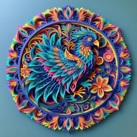 , Mandala style, paper art, beautiful tropical bird, colorful, 3d mandala pattern,  asymetrical
