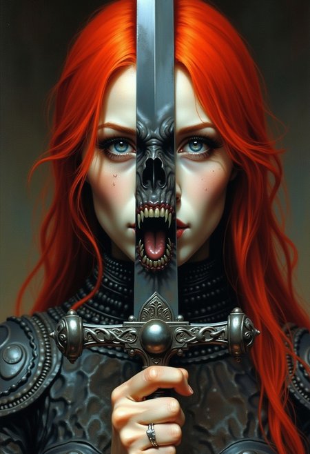 frank frazetta dark fantasy oil painting, (extremely closeup portrait of face and top of chest) of woman with pale skin and bright red hair wearing chainmail.  She is holding a sword up in front of her which divides the portrait of her into 2 sides, the reflection of the sword shows a monstrous face