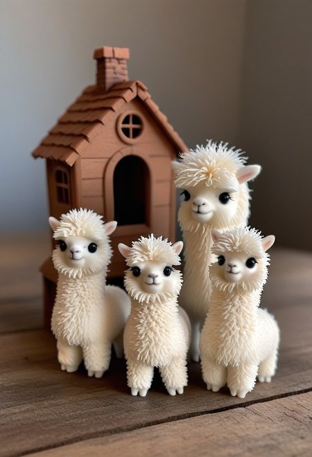three fluffy miniature alpacas in 3d printed house, the alpacas are differently colored and differently sized, CreepyCuteMagical