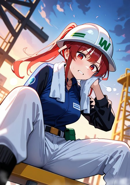 masterpiece, best quality, absurdres, perfect lighting,shiny skin,<lora:spo_sdxl_10ep_4k-data_lora_webui:0.7>,1girl,hiroe,red hair,ponytail,bangs,red eyes,tareme,<lora:hiroe_illu:1>,
construction site,depth of field,sunset,helmet, people working at construction site,tired,long sleeves,long pants,wiping sweat, towel around neck,working, belt pouch,clenched,teeth,sitting,spread legs,
