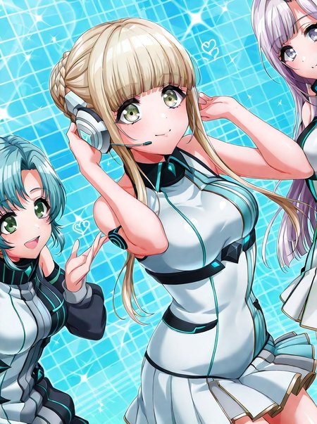 shiny skin, posing,
<lora:d4dj.il:1>,
d4dj,
(4girls:1.5), 
noa, saki, ibuki, towa, 
heart, bloom, sparkle, glitter, 
bandbbb,