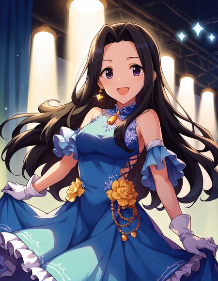 score_9,score_8_up,score_7_up,1girl,solo,cowboy shot,smile,open mouth,looking at viewer,stage lights,
<lora:suzumiyaseika_ponyXLV6:0.8>,cgsse,
black hair,long hair,purple eyes,
blue dress,frills,white gloves