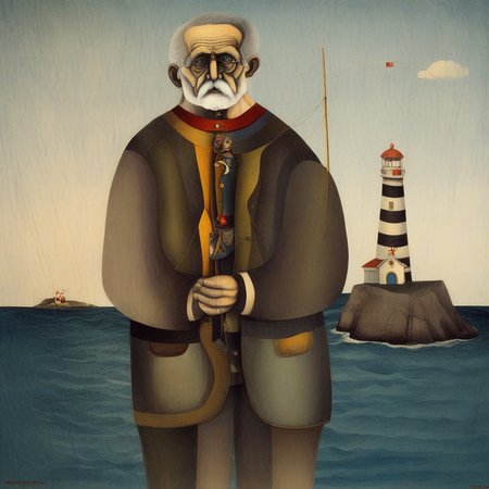 old man near the lighthouse, sentimental, 1boy, by richard lindner, painting, pop art