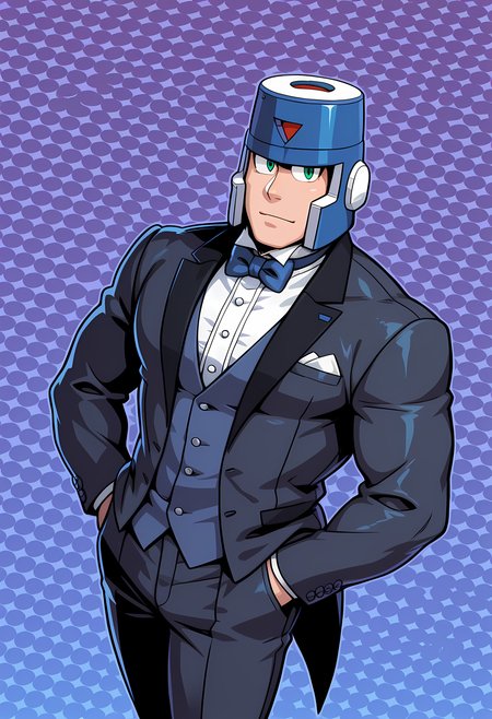 masterpiece, best quality, amazing quality, dutch angle, abstract background, BREAK
1boy, solo, male focus, mm3_hard, helmet, green eyes, muscular male, tuxedo, formal, bow tie, BREAK
<lora:cfg_scale_boost:.6>  <lora:Hard_Man_-_Mega_Man_3_-_ILXL:1.3>