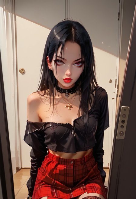score_9, score_8_up, score_7_up, amateur, photo, pinup girl pose, Expressive, photograph of an extremely attractive woman, realistic, oversized black punk crop top, necklace, black hair, long hair, off shoulder,, red plaid short skirt, (black spiderweb fishnet stockings), face focus,  chunky black boots, dynamic sexy pose, bare shoulders, bad attitude, dressing room, leaning towards the viewer,
BREAK 
dramatic angle, unique perspective, unique angle,