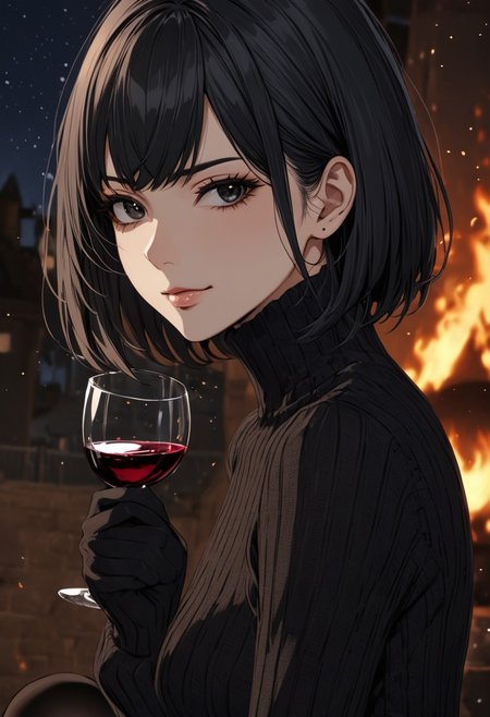 (anime, masterpiece, intricate:1.3), (best quality, hires textures, high detail:1.2), (4k),(incredibly detailed:1.4), perfect anatomy, graceful face, slim, big breasts, constricted waist, nice body, lips, arrogant look, villain, 1woman, evilish smile, high pointed nose, (nostrils:1.3), neatly, angry, 25 y/o
black eyes, bob hair, black hair, 
pillows, drinking wine, at night, fire particles, angle, black ultra-thin stockings