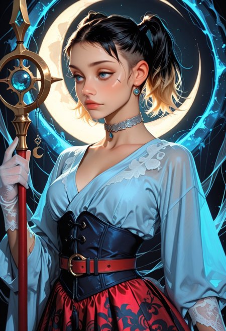 Nishimiya Momo, Jujutsu Kaisen, 1girl, blue eyes, scar across eye, blonde hair, short hair, black hair, twintails, undercut, sideburns, fitted corset, silver filigree, crimson threads, flowing silk skirt, obi belt, high-heeled pumps, lace gloves, silver choker, crescent moon charm, radiant optimism, standing, poised, mystical portal, blue mist, ornate scimitar, gemstone-tipped staff, cautious anticipation, seductive allure, golden ambient lighting, subtle blue undertones, mystical tension, unbridled potential
BREAK
,artist:moriimee,high_quality, highres, detailed_eyes, beautiful, detailed, masterpiece, best quality, absurdres, 8k, HDR, face_focus, portrait, upper body, 
highres, depth_of_field, subject_focus,
(masterpiece:1.3), (best_quality:1.3), (ultra_detailed:1.2), (official_art), (absurdres), 
intricate_details, refined_textures, volumetric_lighting, perfect_shadow, realistic_depth, hyperfocus, (depth_of_field:1.2), detailed_eyes,