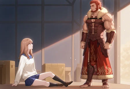 1girl, long hair, brown hair, orange eyes, parted lips, sailor collar, sweater. pleated skirt <lora:Rinko_ore_monogatari_illus:0.8>, sitting, on floor, BREAK 1boy, iskandar \(fate\),  standing, smille, are_you_my_master <lora:are_you_my_master:1>, masterpiece, best quality, amazing quality, very aesthetic, absurdres, highres, newest