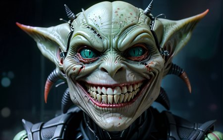 gritty smiling alien joker species head close-up, highly detailed, torn <lora:alien-species:1>