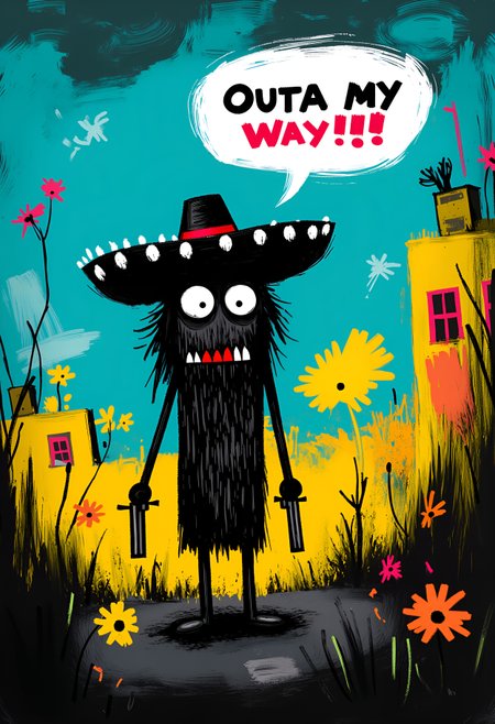 documentary photography , upper body, cinematic lighting, from below/low angle, 50mm, dreamy haze. whimsicalart, darkfairytale, (moonlightart:1.2), (whimsical illustration:1.2), dreamy, fantasy, magic.  (a big bad mexican gunslinger:1.1) with a huge sombrero hat (walks down a deserted street:1.1) (shouting angrily:1.1). (he is pointing a gun in each hand at the viewer:1.1).    above him is a prominently displayed speech bubble that says: "Outta My WaY!!!".  masterpiece of fun.  brilliant dark collors, volumetric lighting, god rays.  , <lora:30 style\flux Dark Whimsical Art v1 ()>, <lora:30 style\flux MOONZ WILD v1 ():0.8>, , , , ,