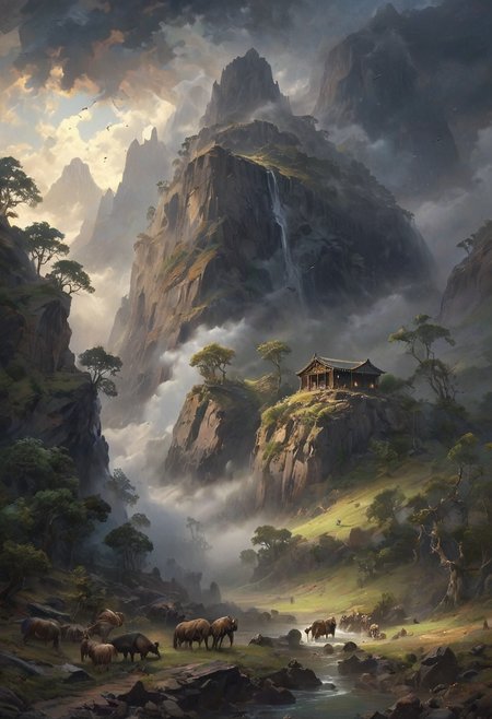 View from a rocky ledge to a massive, weathered ark resting between two high, jagged hills. The scene is shrouded in a thick, ominous fog, with an eerie stillness in the air. The ark, appearing ancient and majestic, looms large against the chaotic swirl of dark clouds above. The sky is filled with ominous, swirling clouds, casting deep shadows over the landscape. Animals of all kinds are faintly visible through the mist, gathering in pairs and moving towards the ark. The overall scene evokes a sense of awe and solemnity, capturing the profound moment of Noah's Ark amid the turbulent surroundings. [romantic impressionism,dream scenery art,beautiful oil matte painting,romantic,style of thomas kinkade,beautiful digital painting,anime landscape,romantic painting,dreamlike digital painting,colorful painting,beautiful gorgeous digital art,style of greg rutkowski,janek sedlar,jenny saville:0] <lora:vivid_everclear:0.6>  <lora:Sinozick:1>