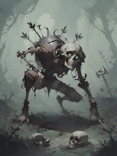 score_9, score_8_up, score_7_up, score_6_up, undead rotten skeleton, arrows sticking in body, skull, helmet, torn armor and clothes, medieval fantasy,crawling on ground, creepy crypt background, green fog, dystopian mood, torchlight, solo, glowing eyes, underground,
<lora:add-detail-xl:0.45>,<lora:Concept Art Twilight Style SDXL_LoRA_Pony Diffusion V6 XL:0.8>,<lora:Desolation:0.75>