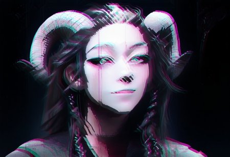 female, cel-shading, backlit, big eyes, cute eyes, delicate features, long hair, (braided hair), black hair, portrait, smug, seductive eyes,   techwear, cyborg, cybernoir, heavy rain, rainrops, (((dark))), sexy, sensual glare, teal eyes, black sclera,  big chest, solo, extreme closeup, h0rns, ram horns, broken glass, reflection, upper body,