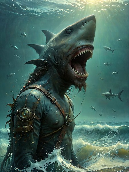 Professional photography. 

Deep in the ocean.

surreal.

A man with the head of a shark. hairy, bearded.

<lora:OMG-Is-DucHaiten_v1.0:1.0>
<lora:sdxl_lora_beksinski-000018:0.05> digital artwork by Beksinski 
<lora:The_Dark_Side_of_the_Earth:0.2>
<lora:DonMP4ste11F41ryT4l3XL-000008:0.4> DonMP4ste11F41ryT4l3XL 