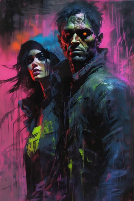 <lora:Sam Spratt Style:1>Sam Spratt Style - a scene of death and hell with a zombie sport man and woman mixed with a wolf and raven that highly detailed, guy denning style, with bright neon colors. A death hunter that is scary and horrifying on a journey through dilapidated cyberpunk city