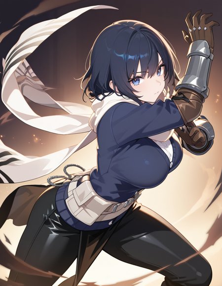 1girl, white shirt, white scarf,  solo, black loincloth,  blue sweater jacket,large breasts, looking at viewer, leather gloves, black pants,scarf,standing, 
bracer,dynamic pose, 
,best quality, masterpiece, <lora:SW-TenebrisOutfitV015-Remake-IXL:1>