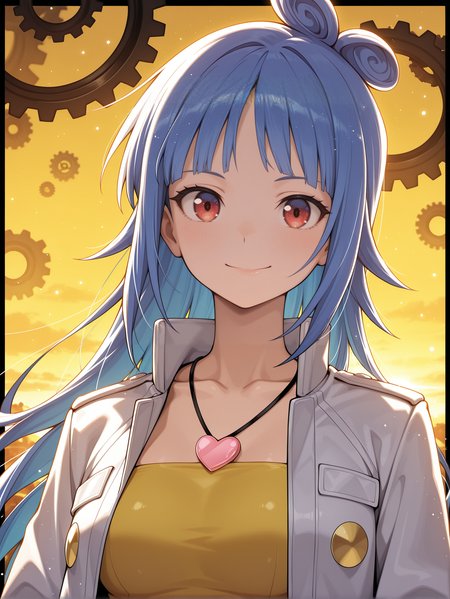 misaki,1girl,solo,smile,hair_ring,gear background,upper body,looking at viewer,closed mouth,yellow background,collarbone,heart necklace,white jacket,yellow strapless shirt,black border,
masterpiece,best quality,amazing quality,very aesthetic,absurdres,newest,scenery,extreme detail,8k,light particles,soft lighting,volumetric lighting,intricate details,finely detailed,detailed eyes,<lora:Misaki illusXL v1.1:0.77>,