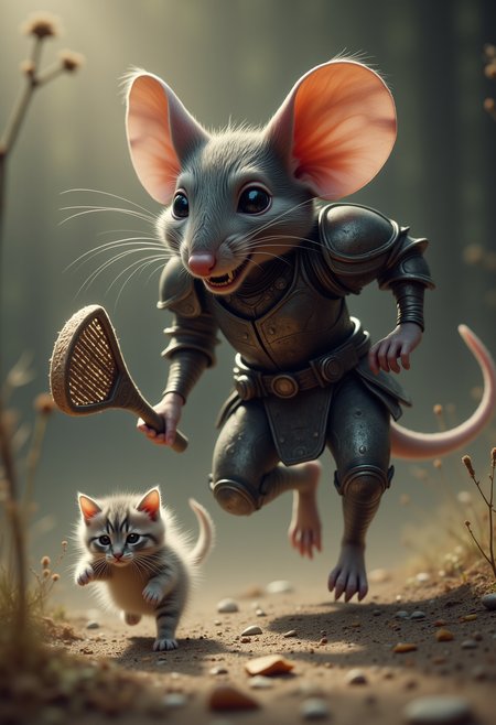 a giant evil mouse wearing armor and holding a fly swatter is chasing a tiny miniature fluffy cat that's running away with a panicked look on its face <lora:Dever_Flux_Enhancer:0.5>