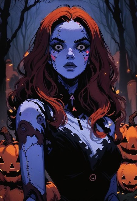 score_9, score_8_up, score_7_up, score_6_up, hllwn, halloween, vintage, 1girl, red hair, long hair, black eyes, stitches, dress, patchwork clothes, narrow waist, colored skin, blue skin, halloween, pumpkins, dark forest, portrait