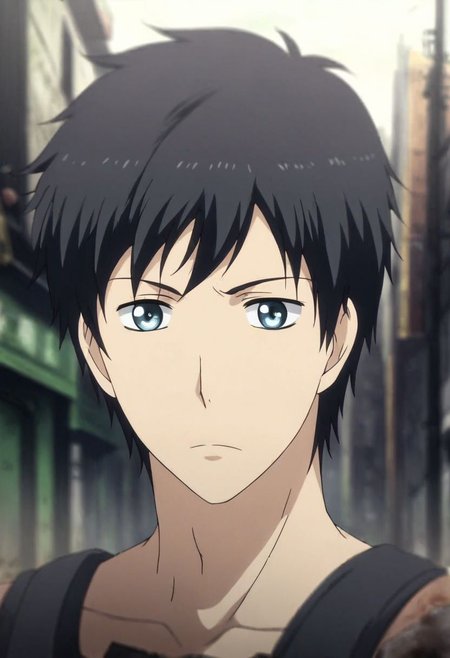 high resolution, solo, best quality, 1Boy, Arata Kaizaki, Black Hair, Blue Eyes, shallow depth of field, Post-Apocalyptic, survival, OverallDetail