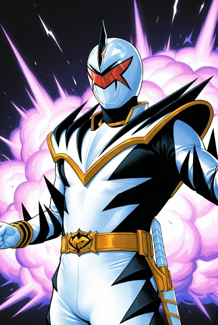 score_9,score_8_up,score_7_up,male focus,ultra-detailed,high resolution,digital painting,8k,1boy,solo,cowboy shot,male focus,detailed face,white bodysuit,helmet,belt,bodysuit,armor,tokusatsu,gloves,mask,super d1n0 white,horns,looking at viewer,explosion,<lora:add-detail-xl:1>,<lora:Dino Ranger White:0.7>,<lora:LYDart StyleIlluLYCO:0.2>,ydart,