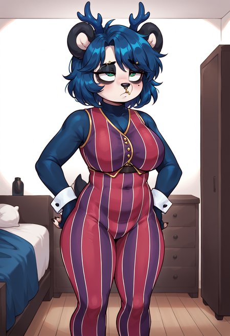 score_9, score_8_up, source_furry,  1girl, anthro giant panda, panda ears, blue antlers, medium hair, messy bangs, blue hair, light blue fur, green eyes, large breasts, plump, bags under eyes, tired, eyebrow piercing, deer spots, white spots, nose ring, bedroom,  big ass, black nails, black elbow gloves, lace gloves, fingerless gloves, black lace thighhighs, fat thighs, bored, rolling eyes, <lora:Robbie_Rotten_outfit:0.9>, Robbie Rotten outfit, solo, long sleeves, striped, pants, vest, vertical stripes, pinstripe pattern, striped pants, black shoes, standing, wrist cuffs