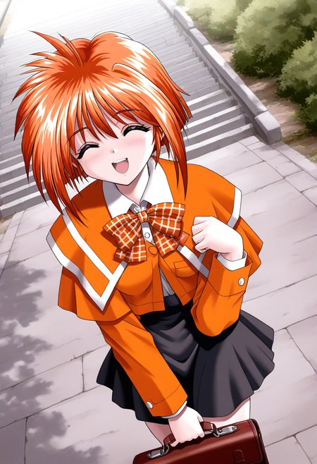 general,highres, ultra-detailed,very aesthetic,best quality ,best hands, BREAK <lora:Kawahara_Ayano_Akumu_AoiKajitsunoSange_IS:1>
Kawahara_Ayano, 1girl, solo, short hair, orange hair, small breasts, closed eyes, bangs, happy,
orange school uniform, plaid skirt,  white and black skirt, open mouth, smile,  school bag, plaid bow, 
looking at viewer,  outdoors, long sleeves,  
bowtie,  holding bag, :d,  road, 
plaid bowtie, shirt, walking, standing, stairs, 
school briefcase,  from above,  day,