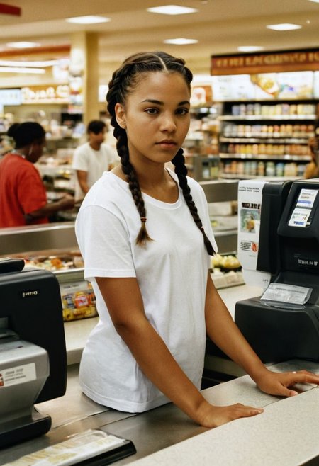 35mm candid street photography, young African American woman, white t shirt, youthful features, braided hairstyle, guarded expression, standing at mall checkout counter, hands on register, cautious body language, natural lighting, urban setting, muted color tones, capturing the resilience of working-class youth,Jackie Brown 1997 film style