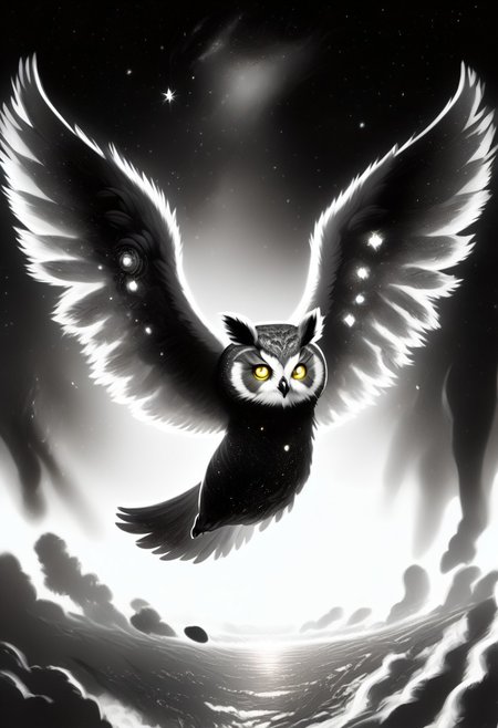 Score_9, Score_8_up, Score_7_up, lora:Navi_Celestial_Skin_PonyXL:1.1 nv-celestialskin, redpandafolk, rabbitfolk, owlfolk, foxfolk, sketch, monochrome, greyscale, YR_GradLight, 0u73r5p4c3, space, planet, nebula, galaxy, asteroid, GalaxyTelepurteSDXL, StarrySkies, scenery, stars (sky), background, night sky, vibrant colored skin, void cosmic body, deep black skin, ethereal silhouette, nebula patterns, animal theme focus, majestic owl