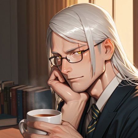 masterpiece, best quality, amazing quality, absurdres, newest, detailed background, definition so sharp, Ultra-HD, 8K cinematic, very awa, impressionate, amazing quality, highres, 
solo, male focus, manly, shadow, shiny skin, mature male, extream close-up, soft coloring,
mitsuhisahachiya, mitsuhisa_grey hair, mitsuhisa_yellow eyes, 1boy, long hair, scar across eyebrow, intelligent, witty_smile, charming, glasses, books, university, professor, smart_casual_attire, approachable, kind_eyes, thoughtful_expression, cup_of_tea, warm_lighting, gentle_laughter