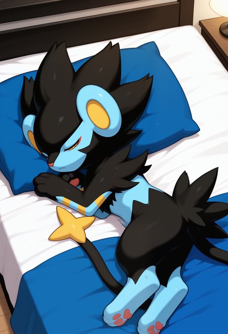 masterpiece,best quality,amazing quality, 1boy, solo, luxr4y, pokemon (creature), chibi, cat bed, cute, sleeping,