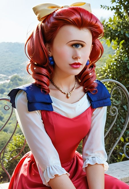 score_9, score_8_up, score_7_up, score_6_up, <lora:PMJessebelle_epoch_7:0.8>, PMJessebelle, blue eyes, red hair, drill hair, yellow bow, hair bow, earrings, lipstick, pink lips,
pearl necklace, red dress, shoulder pads,
leaning forward, serious, looking at viewer, facing viewer, hand on own knee, cowboy shot, 
BREAK day, sunlight, outdoors,
gorgeous lips, cinematic, (masterpiece), (best quality), (ultra-detailed), very aesthetic, illustration, perfect composition, intricate details, absurdres, (realistic, ultrarealistic, masterpiece, intricate:1.3), (best quality, hires textures, high detail:1.2), (4k), (incredibly detailed:1.4), (masterpiece, best quality:1.2), cyclopsgirl, thinmonobrow, masterpiece,best quality,