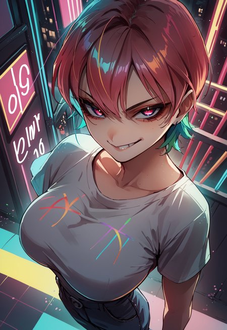 score_9, score_8_up, score_7_up, source_anime, (Teru Style), looking at viewer, 1girl, cowboy shot, neon, colorful, dutch angle, from above, smirk, large breast