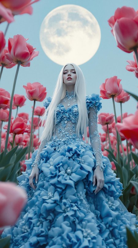 full-length girl with long white hair, wearing an intricate blue lace dress of flowers, standing in the middle of huge scarlet pearlescent tulips, large moon background, cinematic style, professional photoshoot, close-up, macro, bottom view