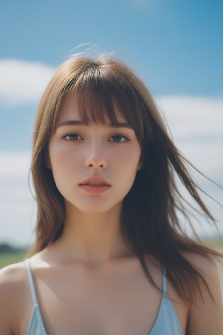 20years old woman with long hair, young woman, seductive gaze, blue sky, hd, 8k, swept bangs, light leak, wet face, delicate facial features, windbrown hair,
shallow depth of field,  35mm photo, grainy, vignette, vintage, Lomography, highly detailed, HDR photo of surreal photography,