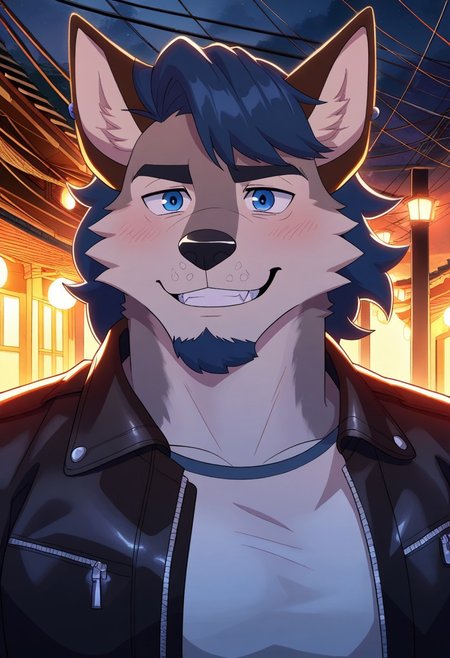 BREAK masterpiece, amazing quality, best quality, high res, HD, 8K, intricate details, Extremely detailed, detailed eyes, solo, male focus, beautiful, very aesthetic, hyper-detailed, cinematic lighting,  beautiful vibrant colors, furry male, furry, 1boy, solo, <lora:ChesterChoPro:1>, chester, wolf boy, brown fur, short hair, blue hair, blue eyes, goatee, wolf tail, muscular male, bara, athletic build, mature male, shirt, leather jacket, open jacket, pants, belt, denim, face focus, portrait, smile, upper body, dynamic angle