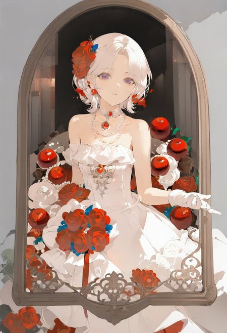 1girl, dress, solo, red flower, flower, white hair, purple eyes, white dress, gloves, white gloves, hair ornament, jewelry, looking at viewer, red rose, food, rose, hair flower, necklace, parted lips, choker, bare shoulders, strapless, strapless dress, apple, fruit, pearl necklace <lora:chongzhenXL_il_lokr_V53P1:0.95>