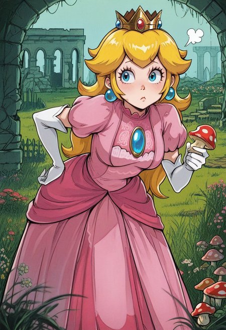 813nm0hstyle,   masterpiece, best quality, solo,                                                                                                                                                                                                                                                 princess peach, pink dress, small blue eyes,  crown, leaning forward, hand on hip, pouting, holding a mushroom, garden, grass, flora, flowers, ruins, cobble,