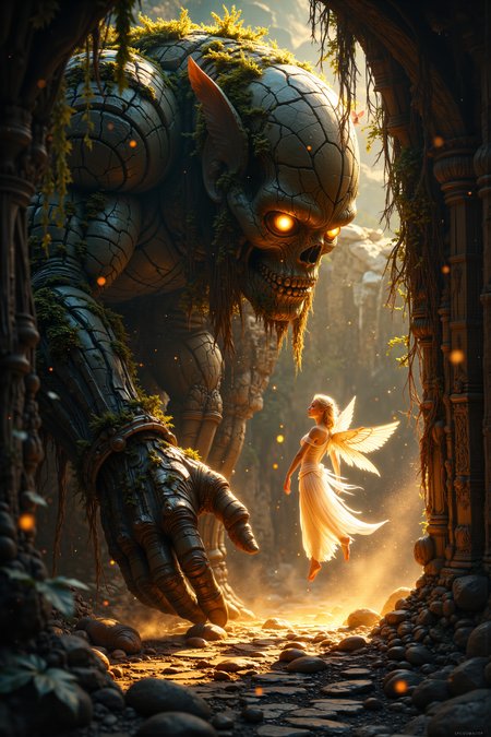 A hyper-realistic portrait, photorealistic photo close-up image of  In the heart of an ancient temple, a colossal stone golem with moss-covered limbs stands motionless, his glowing amber eyes staring at the young, ethereal figure before him. The temple is bathed in the golden light of the setting sun, which filters through the cracked, vine-covered walls, casting long shadows that stretch across the floor. The figure, a delicate woman with translucent wings and glowing white skin, hovers just inches above the ground, her light radiating like a beacon in the otherwise shadowy chamber. The air is thick with the scent of ancient incense and the low hum of forgotten chants that seem to resonate from the stone itself. The golem's massive hand is outstretched, his fingers made of rough, ancient rock, yet they hover delicately near the woman as if afraid to touch something so fragile. Her eyes, a soft, radiant gold, meet his gaze, and in that moment, the silence between them is filled with a deep, unspoken understanding. Surrounding them, golden dust particles hang suspended in the air, catching the last rays of sunlight and creating a shimmering, magical aura. The scene is a moment frozen in time, where ancient power and ethereal grace meet in quiet harmony. (photography, high-resolution, dynamic, energetic,hyper-realistic, dramatic lighting, shallow depth of field.), detailmaximizer, MythP0rt<lora:midjourney_whisper_flux_lora_v01:0.55><lora:aidmaMJ6.1-FLUX-V0.1:0.4><lora:FluxMythP0rtr4itStyle:0.4><lora:detailed_flux_ntc:2.2><lora:aidmaImageUpgrader-FLUX-V0.1:0.65>