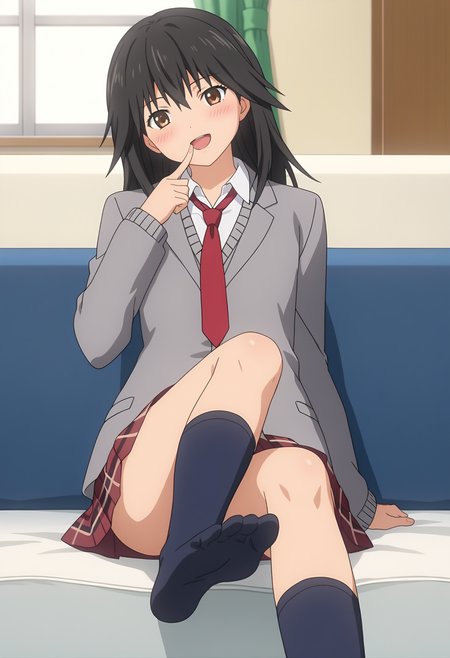 score_9, score_8_up, score_7_up, source_anime, 
BREAK
1girl, solo, anime screencap, anime coloring, 
<lora:shiMisakiV1:0.8> msblazeron, black hair, brown eyes, long hair, 
grey jacket, white shirt, school uniform, red necktie, long sleeves,  grey cardigan, 
blazer, pleated skirt, plaid skirt, black socks, soles,  
looking at viewer, smile, blush, head tilt, finger to mouth, open mouth,