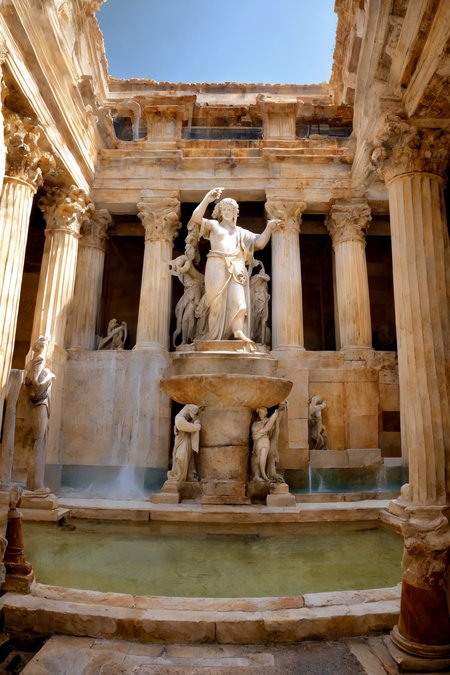(masterpiece:1.2), (best quality,:1.2), 8k, HDR, ultra detailed, ((photorealistic)), professional light, cinematic lighting, fashion photography, ambient lighting, face lighting, , Fantasy picture, OverallDetail, large ancient roman with a fountain and one statue in the center, RomInt, epiCPhoto,
 <lora:RomanInterior:1>