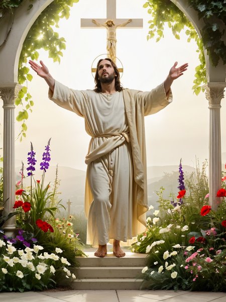 score_9, score_8_up,score_7_up, score_6_up, score_5_up, score_4_up, view of dg_DougXL, saint, dg_DougXL like jesus on cruzifix, saint light background, garden eden, god save him<lora:dg_DougXL:0.75>