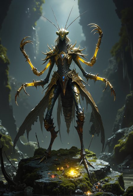 A mantis-inspired alien with golden, razor-sharp claws and a jewel-encrusted thorax, standing tall on a glowing, moss-covered stone in a humid swamp. <lora:Dever_Flux_Enhancer.safetensors:0.5>, <lora:artisketchyfs-v02.safetensors:0.5>, <lora:Elden_Ring_-_Yoshitaka_Amano.safetensors:0.8>,    <lora:black_fantasy.safetensors:0.5>,