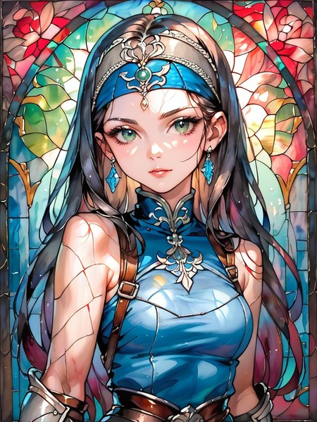 Score_9, Score_8_up, Score_7_up, Score_6_up, stained glass, arsmjstyle, traditional media, 1girl, grey headband, looking at viewer, sleeveless, blue shirt, vambraces, deep shadow, <lora:ArsMJStylePony_-_Stained_Glass:1>