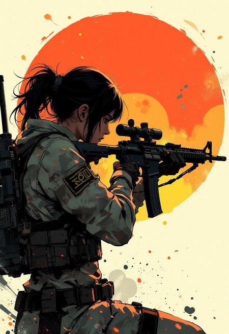 in the style of ck-mgs, nistyle, Special Ink-drawing mode, intricate linework with expressive contrasts, Mh1$AgThS2, Inkplash art on rice paper, sepia, henna , Silhouette Art, magnificent, inksplash image of female sniper in white camouflage uniform, aiming sniper rifle, silhouetted at sunset, chiascuro