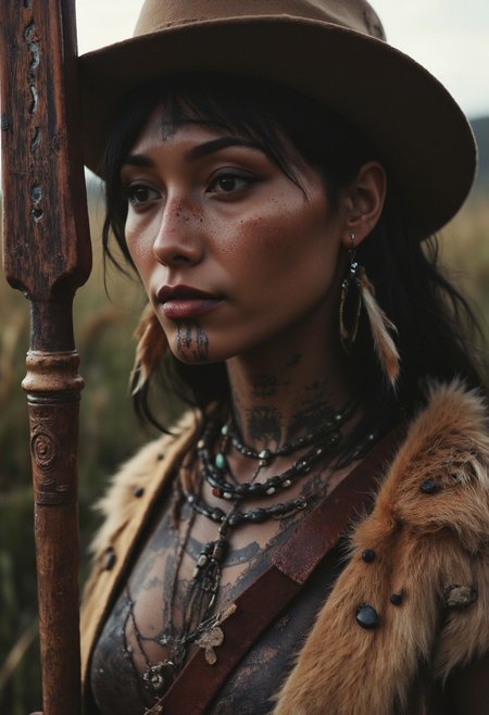 A hyper-detailed, extreme close-up portrait in the style of a celebrity photographer, capturing the raw essence of a super-slim indian woman with deep black skin and vibrant white striped chin-tattoo. Bust shot, realistic analog photo, high quality, photorealistic, atmospheric lighting, volumetric lighting, cinematic, ethereal charm, Native American woman with strong, determined features, blushed, smiling shyly into the camera, realistic detailed skin, intricate feather adornments in her dark, flowing hair, firestone earrings carefully crafted and gleaming subtly, wearing an old, outworn Stetson cowboy hat that adds a rugged flair, holding an ancient, powerful ritual spear with intricate carvings, dressed in a reinforced garment made of leather and fur resembling armor, capturing the strength and grace of a true warrior, soft natural lighting highlighting her face, reminiscent of Vermeer's timeless beauty, subtle warm color grading, natural, serene background.