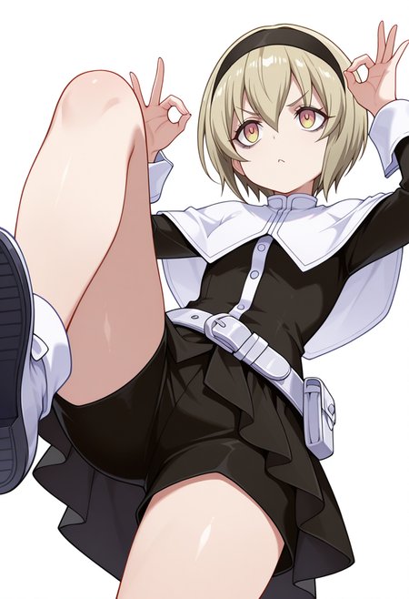 Smooth Quality,masterpiece,very intricate, high quality details, ultra realistic, high detailed skin,detailed enviorement,absurdres,
stop (gesture),
 <lora:Pekora_CNR:0.8> pekora_cnr, 1girl, blonde hair, short hair, bangs, yellow eyes, multicolored eyes, shiny hair black hairband,bags under eyes,pekora_def_cnr, black dress, white capelet, black skirt,white belt, long sleeves, shoes, pouch,, v-shaped eyebrows,, simple background, white background, from below,solo,