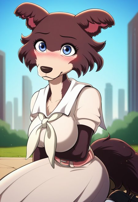 zPDXL, score_9,score_8_up,score_7_up,_up, best quality, amazing quality, masterpiece, 1girl, looking at viewer, solo, upper body, close, cute smile, cute, blush, juno, <lora:Juno-03:0.8> , wolf girl, animal ears, animal nose, brown fur, blue eyes, tail, white school uniform, neckerchief, white socks, black shoes, belt, blue sky,city, park, skyline, contour_deepening,depth of field, huge filesize,wallpaper background,(flat color),large breasts, sitting, shadman, <lora:Shadman:1>